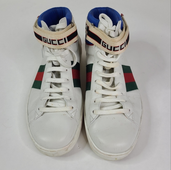 GUCCI White Leather New Ace High Top Sneakers sz 8 - Picture 1 of 7